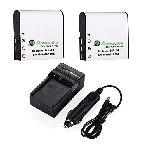 Book Cover Powerextra 2 x NP-40 Battery and Charger Compatible with Casio NP-40, Casio Exilim EX-Z600, EX-Z750, EX-Z1000, EX-Z1050, EX-Z1080, EX-Z1200, Kodak AZ421(Free Car Charger Available)
