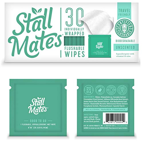 Book Cover Stall Mates: Flushable, individually wrapped wipes for travel. Unscented with Vitamin-E & Aloe, 100% Biodegradable (30 on-the-go singles)