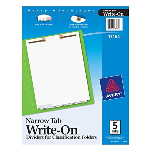 Book Cover Avery Write-On Dividers for 2-Prong Classification Folders, White, Narrow Bottom Tabs, 5-Tab Set (13164)