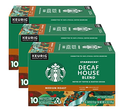 Book Cover Starbucks Decaf House Blend Coffee K-Cup Pods, Medium Roast Decaffeinated Ground Coffee K-Cups for Keurig Brewing System, 10 CT K-Cups/Box (Pack of 3 Boxes)