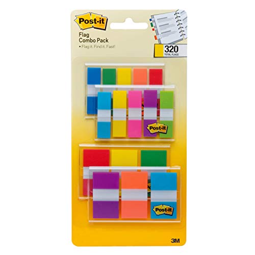 Book Cover Post-it Flags Assorted Color Combo Pack, 320 Flags Total, 200 1-Inch Wide Flags and 120 .5-Inch Wide Flags, 4 On-The-Go Dispensers/Pack (683XL1)
