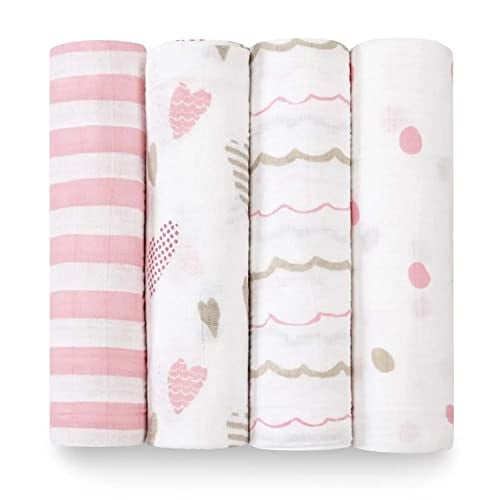 Book Cover aden + anais Swaddle Blanket, Boutique Muslin Blankets for Girls & Boys, Baby Receiving Swaddles, Ideal Newborn & Infant Swaddling Set, Perfect Shower Gifts, 4 Pack, Heart Breaker