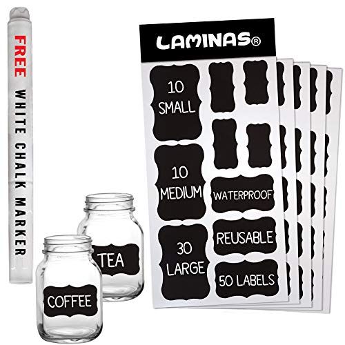 Book Cover 50 Chalkboard Labels - Includes Erasable Chalk Marker - Chalk Labels for Containers and Mason Jars - Removable Waterproof Blackboard Sticker Label Glass Bottle Kids Pantry Storage Stickers Bottles Set