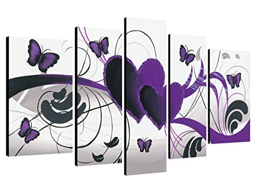 Book Cover Wieco Art Purple Love Butterfly 5 Panels Modern 100% Hand Painted Stretched and Framed Abstract Romance Artwork Oil Paintings on Canvas Wall Art Ready to Hang for Home Decor 5pcs/Set