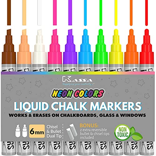 Book Cover Kassa Liquid Chalk Markers for Blackboards (10 Neon Colors) - Chalkboard Marker Erases on Glass, Window, Black Board, Mirror - Chalk Pens Include Reversible Chisel & Bullet Tip - Non-Toxic Ink