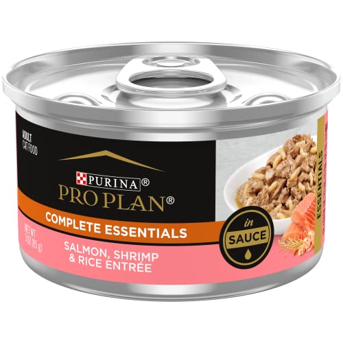Book Cover Purina Pro Plan Pate, Gravy Wet Cat Food, COMPLETE ESSENTIALS Salmon, Shrimp & Rice Entree in Sauce - (24) 3 oz. Pull-Top Cans