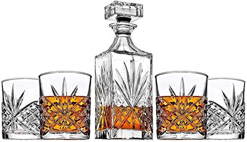 Book Cover James Scott Liquor Decanter 5-Piece Irish-Cut Crystal Decanter & Whiskey Glasses Set - for Whiskey, Wine and Bourbon - Includes 24 oz. Decanter with Stopper and 4 x 11 oz. Glasses | Beautiful Gift Box