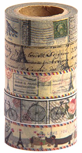 Book Cover Washi Tape (Japanese Masking Tape) by MIKOKA, 0.6 Inches Wide, 32.8 Feet Long, Set of 5 - Antique Bright