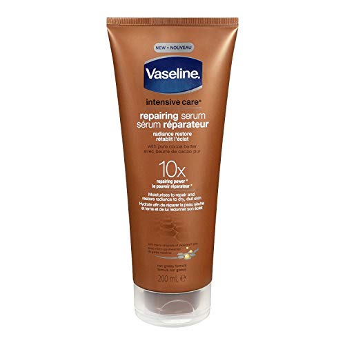 Book Cover Vaseline Intensive Care Repairing Serum RADIANCE RESTORE 10x Repairing Power LOTION with Pure Cocoa Butter for Dry Dull Skin 200 ml (6.76 oz) Made in Canada