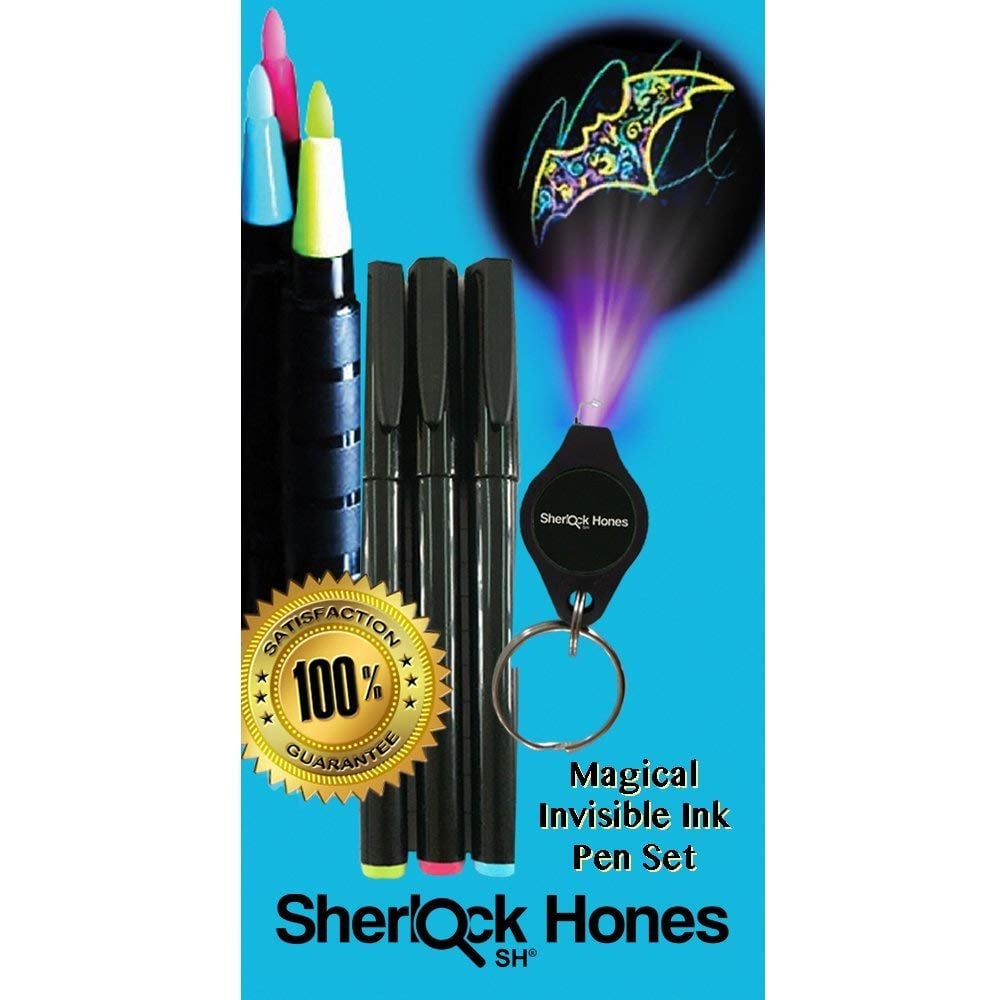 Book Cover Sherlock Hones Invisible Ink Pen Toy Markers in 3 INK COLORS with UV Dark Light on Keychain