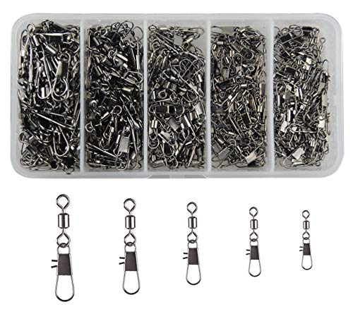 Book Cover Fishing Snap Swivels Kit 300pcs Rolling Barrel Swivels with Safety Snaps High Strength Copper and Stainless Steel, Black Nickel Coated Corrosion Resistance, Quick Connect Swivels Fishing Tackle