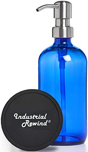 Book Cover Blue Soap Dispenser with Stainless Steel Pump - 8oz Glass Soap or Lotion Dispenser with Coaster for Non Slip Bottom.