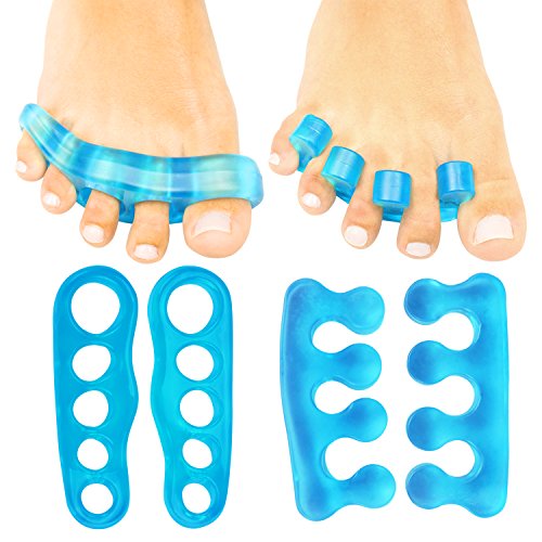 Book Cover ViveSole Toe Stretchers (4 Pieces) - Silicone Gel Separators - Therapeutic Spa Spreaders for Plantar Fasciitis, Bunions, Overlapping Hammer Toe Spacers - Metatarsal Yoga Cushion (Blue, Medium)