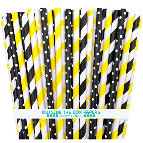 Book Cover Outside the Box Papers Bee Theme Striped and Polka Dot Paper Straws 7.75 Inches 100 Pack Black, Yellow, White