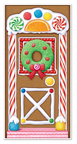 Book Cover Beistle Printed Plastic Gingerbread House Door Cover Indoor/Outdoor Christmas Party Decorations, 30 by 5-Inch, Multicolored
