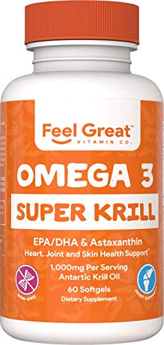 Book Cover Double Strength Super Krill with Omega-3, DHA & EPAs by Feel Great 365, Astaxanthin Stabilized, No Fish Burps or Repeats, Non-GMO and Gluten Free, Best for Heart, Brain, and Joint Health, 1000 mg