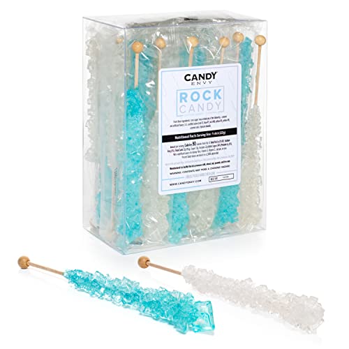 Book Cover Candy Envy Light Blue and White Rock Candy Crystal Sticks - 24 Indiv. Wrapped - Cotton Candy & Original Sugar Flavored
