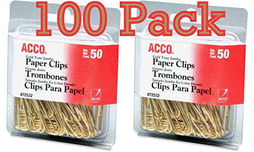Book Cover Value Pack of 100 ACCO Gold Tone Jumbo Paper Clips, Smooth Finish, Steel Wire, 20 Sheet Capacity, 2 boxes, 50 Clips per Box (A7072532)