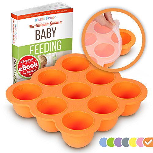 Book Cover KIDDO FEEDO Baby Food Preparation and Storage Container Tray with Silicone Clip-On Lid - 9x2.5oz Easy-Out Pods - Free eBook by Award-Winning Author/Dietitian - Orange