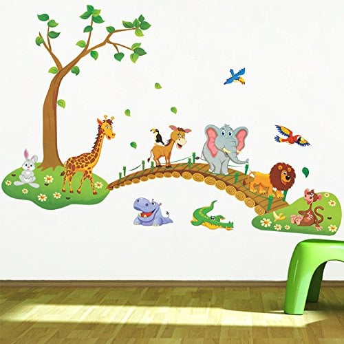 Book Cover Jungle Animal Across the Bridge Removable Cartoon Wall Sticker Wall Decal Wall Decor Wallpaper for Kids Children Room