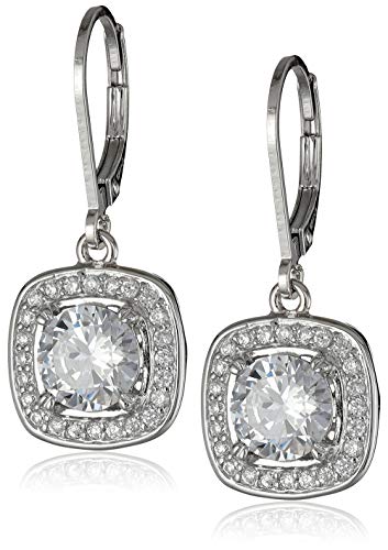 Book Cover Amazon Collection Sterling Silver Cubic Zirconia Round-Cut Halo Drop Leverback Earrings (3 cttw)