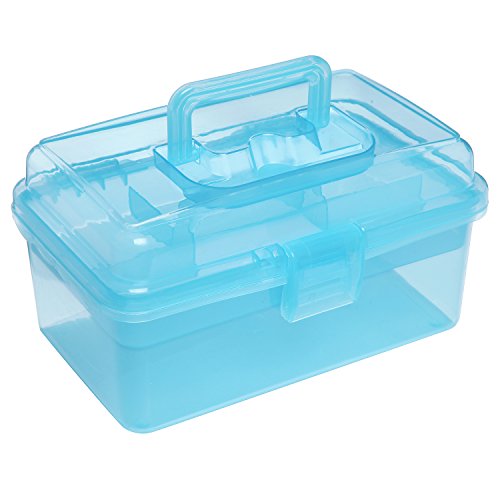 Book Cover MyGift Clear Blue Empty First Aid Storage Box, Multipurpose Tackle Box, Plastic Sewing Box, Tool Box, Crafts Supplies Organizer Case with Handle and Removable Tray