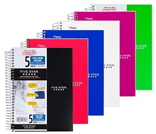 Book Cover Five Star Spiral Notebook, College Ruled, 5 Subject, 6 x 9.5 Inches, 180 Sheets, Assorted Colors (06184)Pack Of 6