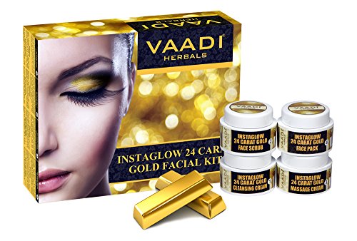 Book Cover Vaadi Herbals Facial Kit - Gold Facial Kit With 24 Carat Gold Leaves, Marigold & Wheatgerm Oil, Lemon Peel Extract All Natural Suitable For All Skin Unisex 70 Grams -