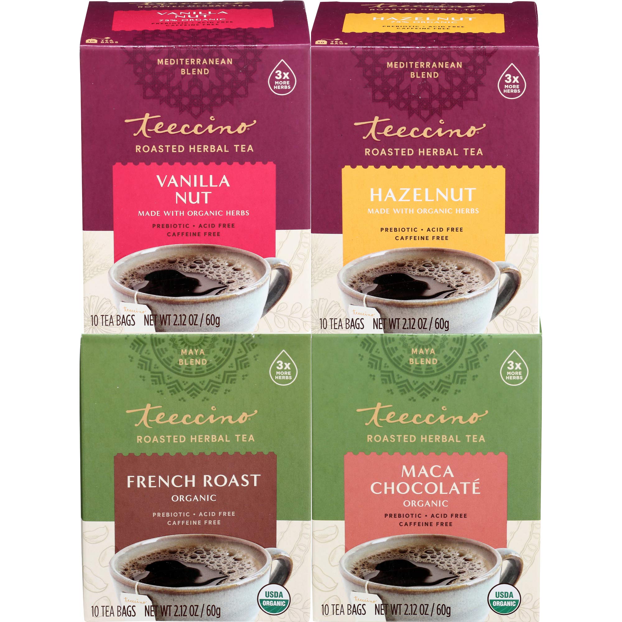 Book Cover Teeccino Coffee Variety Pack (Vanilla Nut, Hazelnut, Maca Chocolaté, French Roast) Chicory Herbal Tea, Caffeine Free, Acid Free, 10 Tea Bags (Pack of 4)