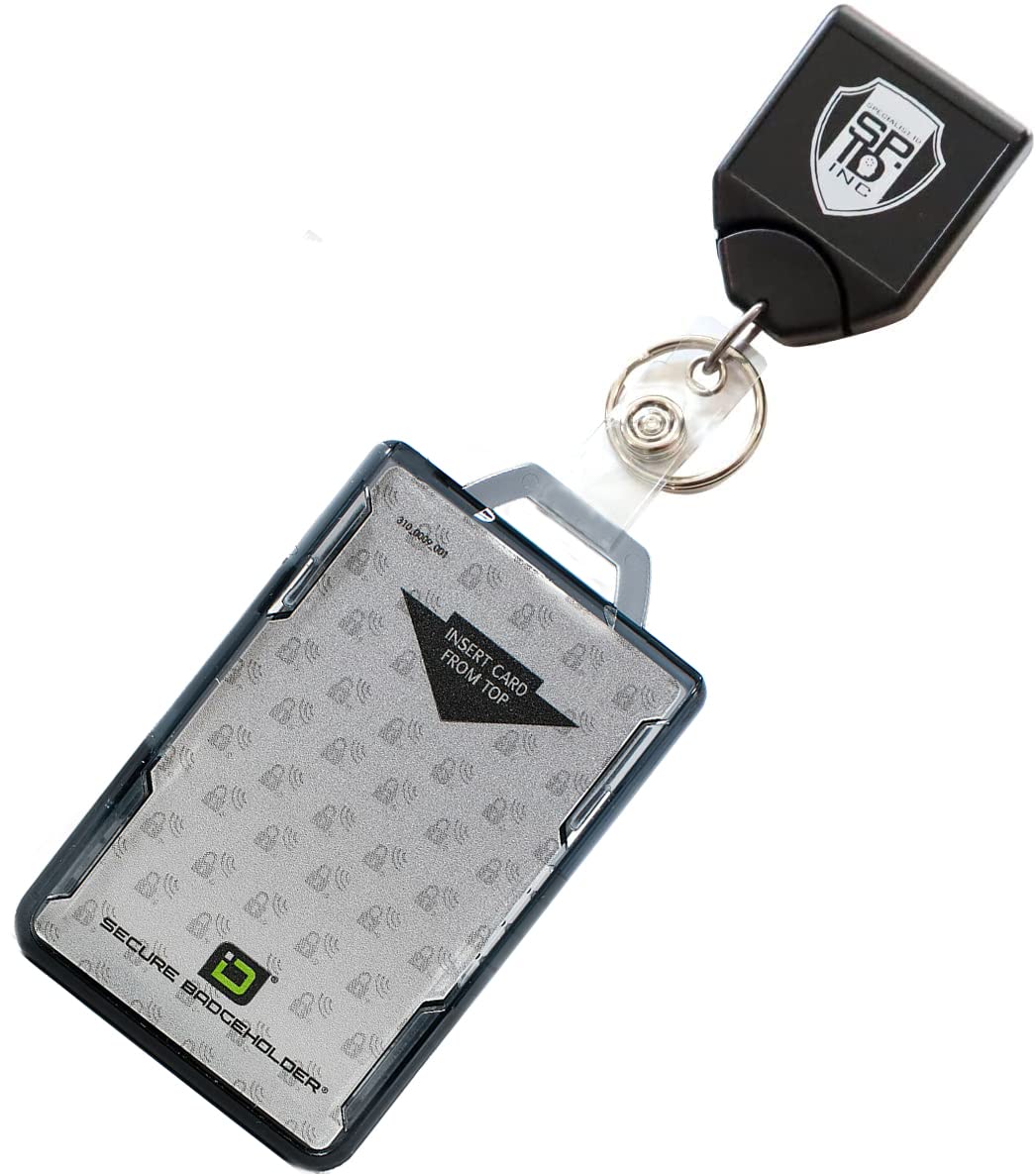 Book Cover Heavy Duty Retractable Badge Reel with RFID Blocking Badge Holder - Identity Stronghold Multi Card Holder w/Key Ring for Two Badges - Square No Twist Reel for Military, Security by Specialist ID 1 Single Black