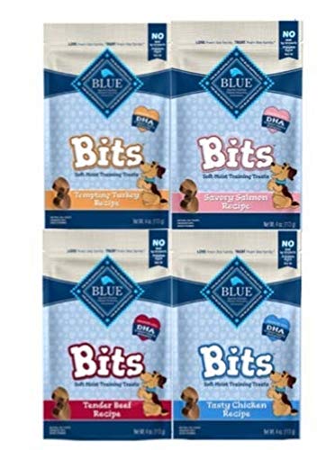 Book Cover Blue Pack Of 4 Buffalo Treats Bits Dog Treats Pouches, 4 Flavors (Savory Salmon, Tasty Chicken, Tender Beef And Tempting Turkey), 4 Oz., Blue