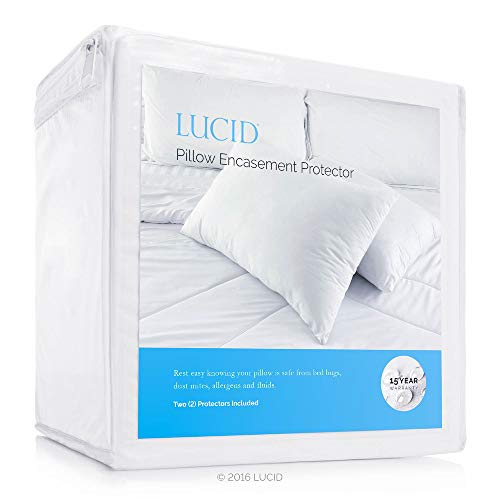 Book Cover LUCID Zippered Encasement Pillow Protector - Waterproof, Allergen Proof, Bed Bug Proof Protection - 15 Year Warranty - Vinyl Free - Queen Size - Set of 2
