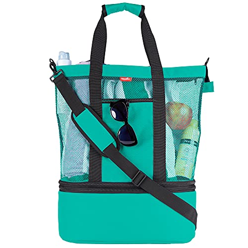 Book Cover Odyseaco Aruba Mesh Beach Tote Bag with Zipper Top and Insulated Picnic Cooler (Turquoise)