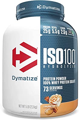 Book Cover Dymatize ISO 100 Whey Protein Powder with 25g of Hydrolyzed 100% Whey Isolate, Gluten Free, Fast Digesting, Brown, Cinnamon Bun, 5 lbs, 80 Oz