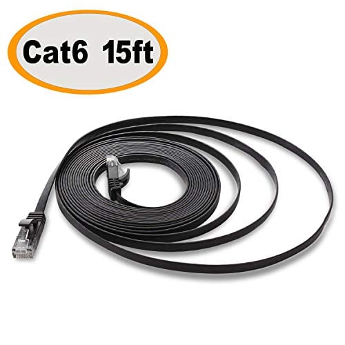 Book Cover Cat 6 Ethernet Cable 15 ft, Flat Internet Network Lan patch cord Short, faster than Cat5e/Cat5, Solid Cat6 High Speed Computer RJ45 Wire for Modem, Router, PS4, Xbox, Switch, Camera, TV, Hub - Black