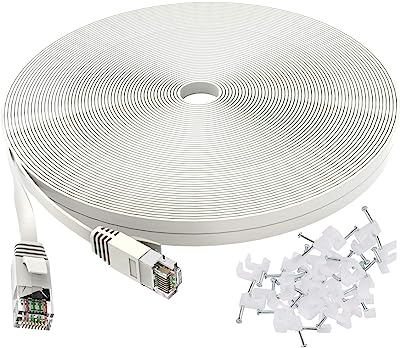 Book Cover Cat 6 Ethernet Cable 50 ft White - Flat Internet Network Lan patch cords â€“ Solid Cat6 High Speed Computer wire With clips& Snagless Rj45 Connectors for Router, modem â€“ faster than Cat5e/Cat5 - 50 feet