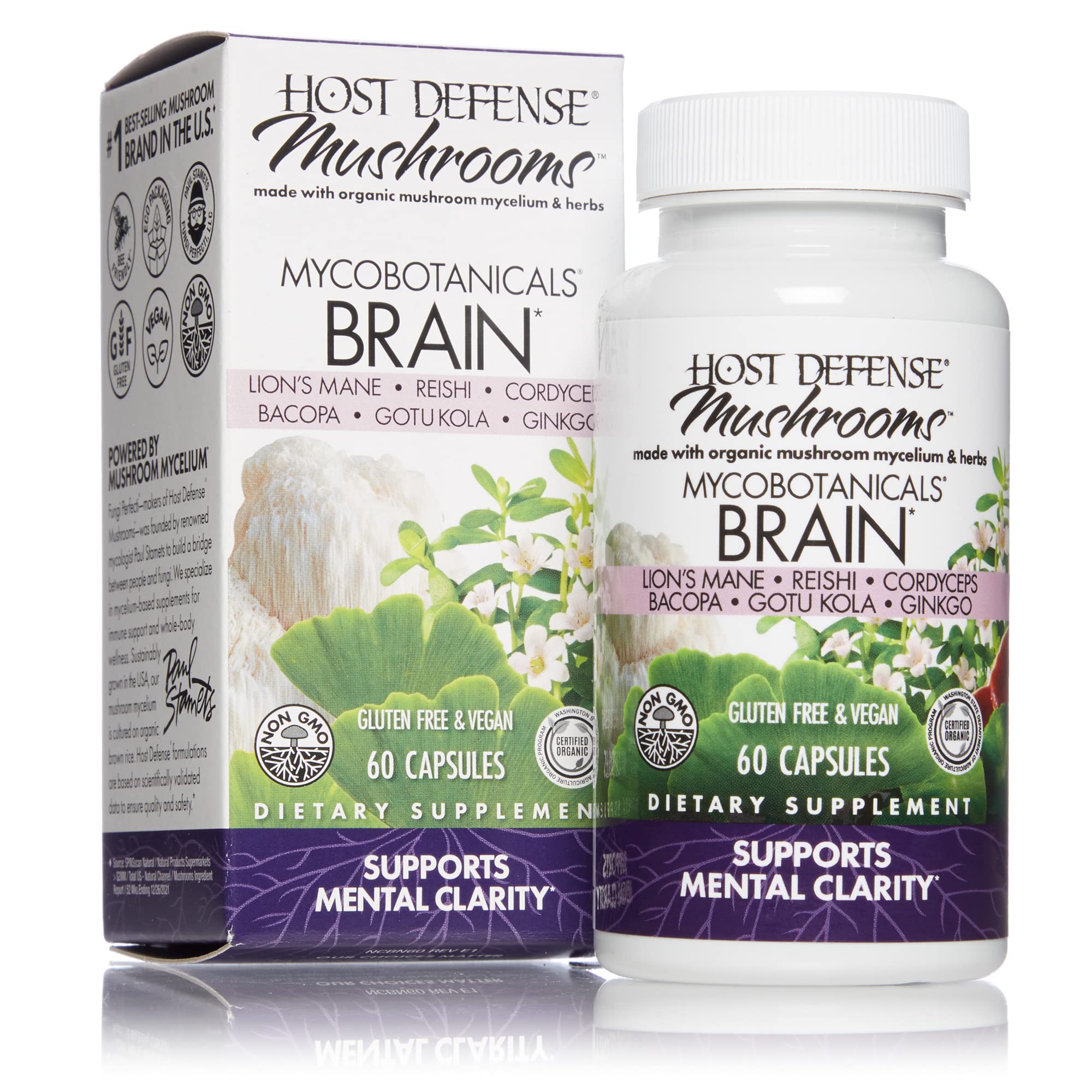 Book Cover Host Defense, MycoBotanicals Brain Capsules, Promotes Concentration, Memory and Cognitive Function, Mushroom and Herb Supplement, Unflavored, 60 Count (Pack of 1) Standard Packaging