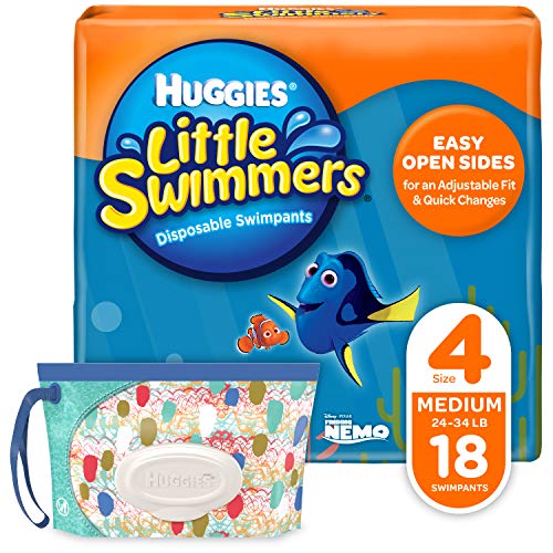 Book Cover Huggies Little Swimmers Disposable Swim Diapers, Swimpants, Size 4 Medium (24-34 Pound), 18 Count, with Huggies Wipes Clutch 'N' Clean Bonus Pack (Packaging May Vary)