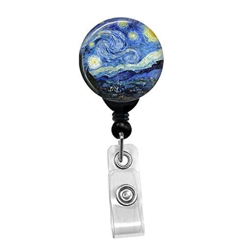 Book Cover Vincent Van Gogh - The Starry Night -Retractable Badge Reel - ID Name Tag Custom Badge Holder (Black Badge Reel with Spring Pinch Clip)