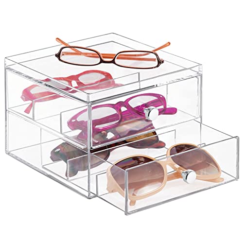 Book Cover mDesign Stackable Plastic Eye Glass Storage Organizer Box Holder for Sunglasses, Reading Glasses, Lens Cleaning Cloths, and Accessories - 2 Divided Drawers, Chrome Pulls - Clear