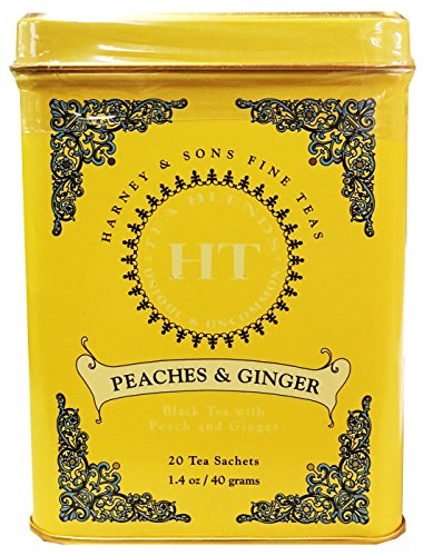 Book Cover Harney & Sons Peaches and Ginger Tea Tin Can - Caffeinated and High Quality, Great Present Idea - 20 Sachets, 1.4 Ounces