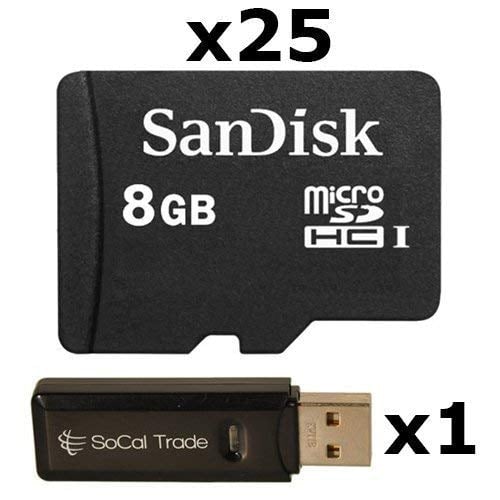 Book Cover 25 PACK - SanDisk 8GB MicroSD HC Memory Card SDSDQAB-008G (Bulk Packaging) LOT OF 25 with SoCal Trade USB 2.0 MicoSD & SD Memory Card Reader
