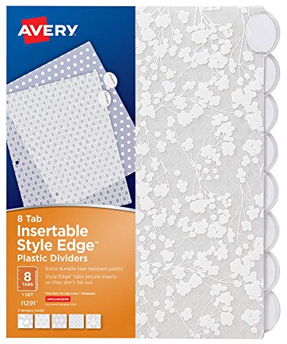 Book Cover Avery Insertable Style Edge Plastic Dividers for 3 Ring Binders, 8-Tab Set, Assorted White Frosted Designs, 1 Set (11291)