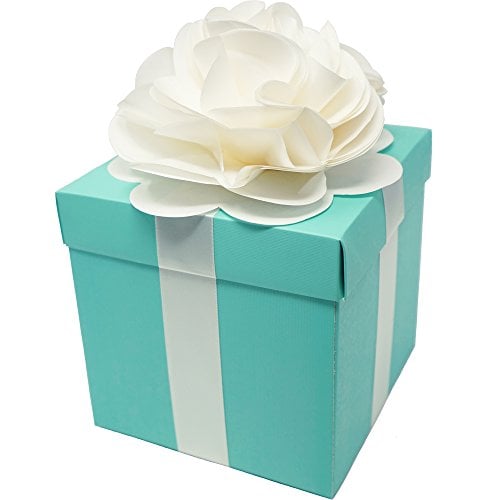 Book Cover Robin Egg Aqua Blue Wedding Centerpiece Favor Box with Lid & Self Adhesive Satin Ribbons & Ivory Tissue Paper Flower Bow (1 Count)