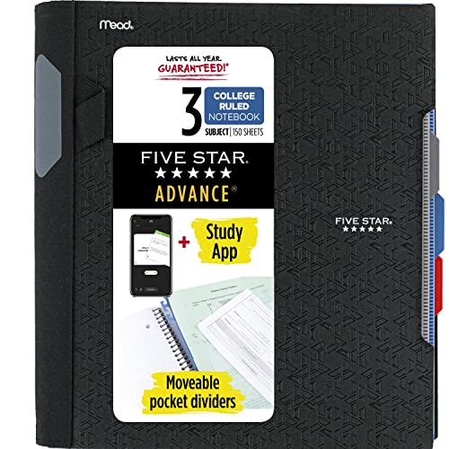 Book Cover Five Star Advance Spiral Notebook + Study App, 3 Subject, College Ruled Paper, 11