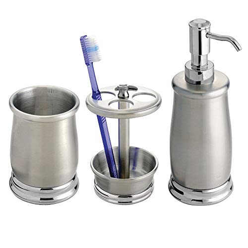 Book Cover mDesign Stainless Steel Bath Accessory Set, Soap Dispenser Pump, Toothbrush Holder, Tumbler - 3 Pieces, Brushed/Chrome