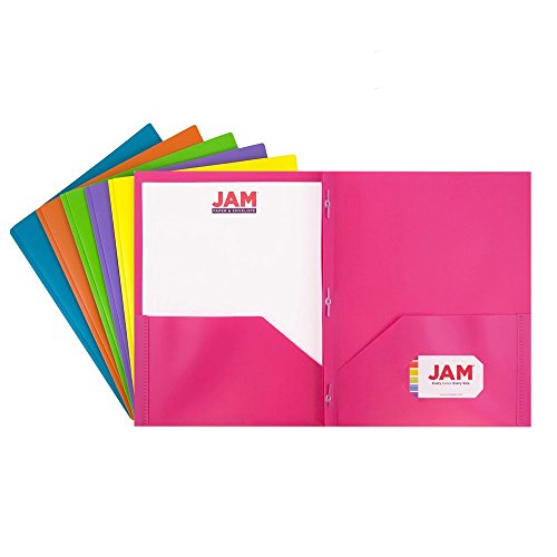 Book Cover JAM PAPER Plastic 2 Pocket School POP Folders with Metal Prongs Fastener Clasps - Assorted Fashion Colors - 6/pack