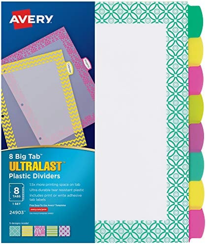 Book Cover Avery Ultralast Big Tab Plastic Dividers, 8 Tabs, 1 Set, Assorted Designs (24903)