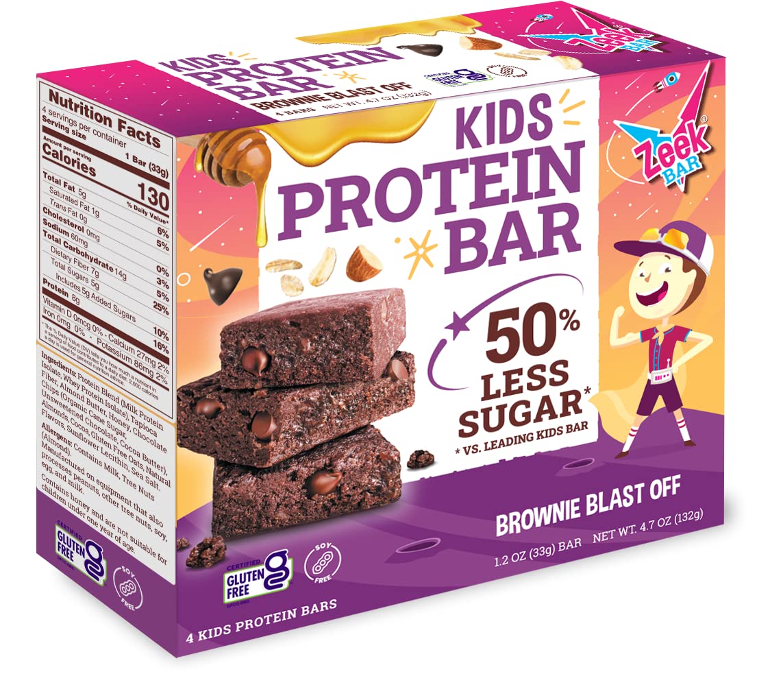 Book Cover ZEEK BAR - Kids Protein Bars - 50% Less Sugar, 8g Protein - All Natural, Non-GMO, Gluten Free - Brownie Blast Off, 4 Count