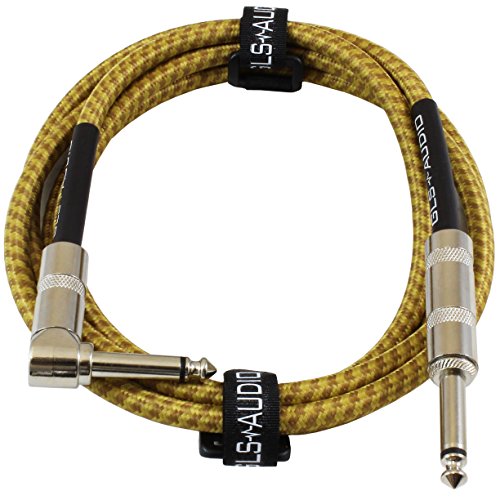 Book Cover GLS Audio 6 Foot Guitar Instrument Cable - Right Angle 1/4-Inch TS to Straight 1/4-Inch TS 6 FT Brown Yellow Tweed Cloth Jacket - 6 Feet Pro Cord 6' Phono 6.3mm - SINGLE
